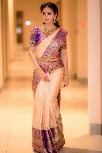 Peach purple silk blend banarasi saree with unstitched blouse piece