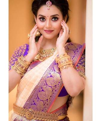 Peach purple silk blend banarasi saree with unstitched blouse piece 3