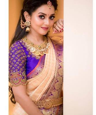Peach purple silk blend banarasi saree with unstitched blouse piece 4