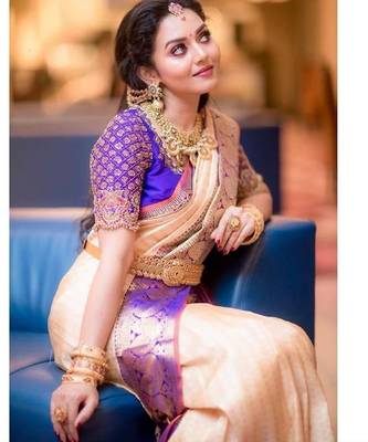 Peach purple silk blend banarasi saree with unstitched blouse piece 5