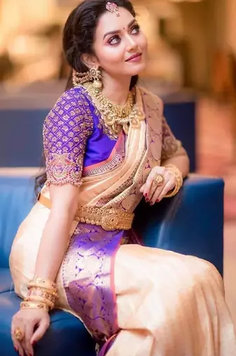 Peach purple silk blend banarasi saree with unstitched blouse piece