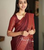 Maroon silk blend banarasi saree with unstitched blouse piece