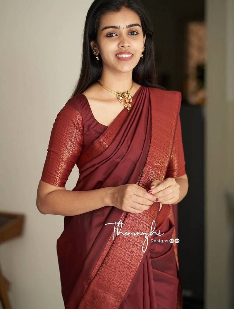 Maroon soft silk blend banarasi jacuard work designer party wear saree with unstitched blouse piece