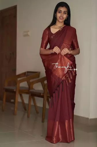Maroon silk blend banarasi saree with unstitched blouse piece