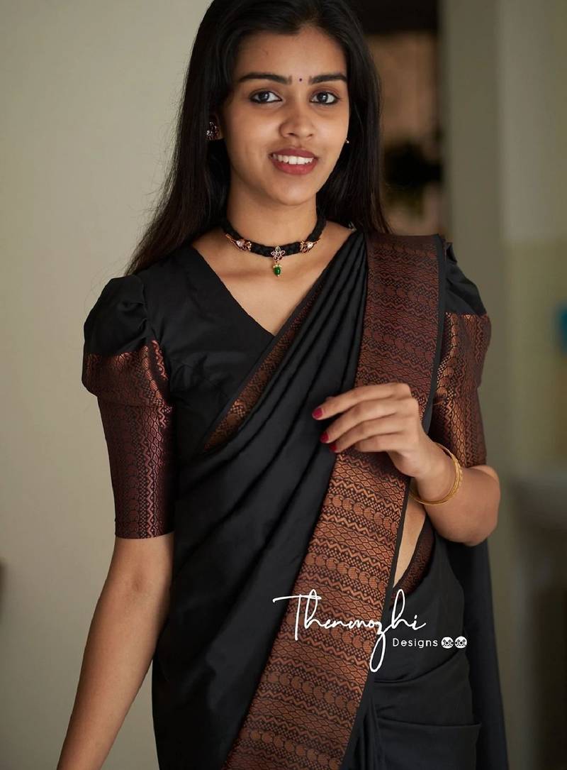 Black soft silk blend banarasi jacuard work designer party wear saree with unstitched blouse piece