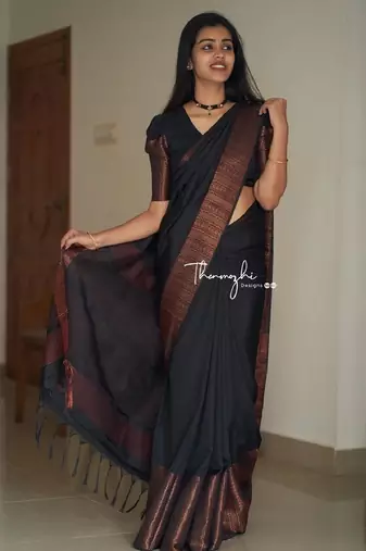 Black silk blend banarasi saree with unstitched blouse piece