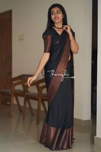 Black silk blend banarasi saree with unstitched blouse piece