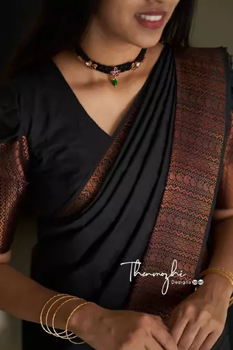 Black silk blend banarasi saree with unstitched blouse piece