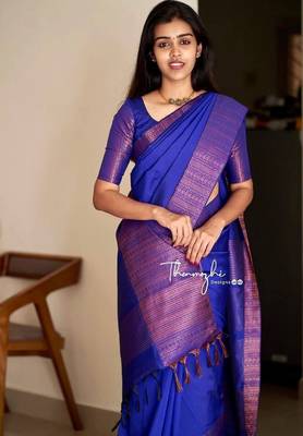 Blue silk blend banarasi saree with unstitched blouse piece 1
