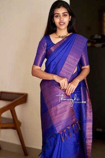 Blue soft silk blend banarasi jacuard work designer party wear saree with unstitched blouse piece