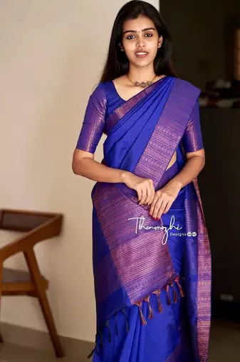 Blue soft silk blend banarasi jacuard work designer party wear saree with unstitched blouse piece