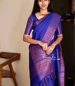 Blue silk blend banarasi saree with unstitched blouse piece