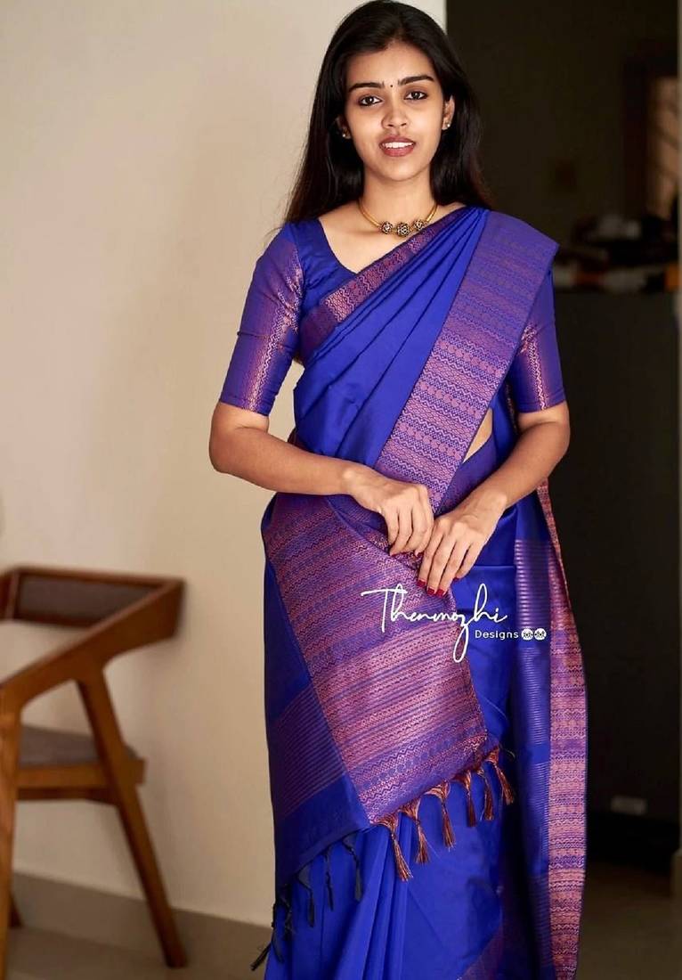 Blue soft silk blend banarasi jacuard work designer party wear saree with unstitched blouse piece