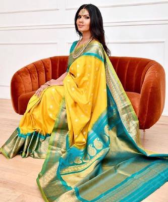 Yellow turquoise silk blend banarasi saree with unstitched blouse piece 1