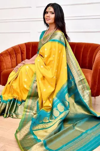 Yellow turquoise soft silk blend banarasi jacuard work designer party wear saree with unstitched blouse piece