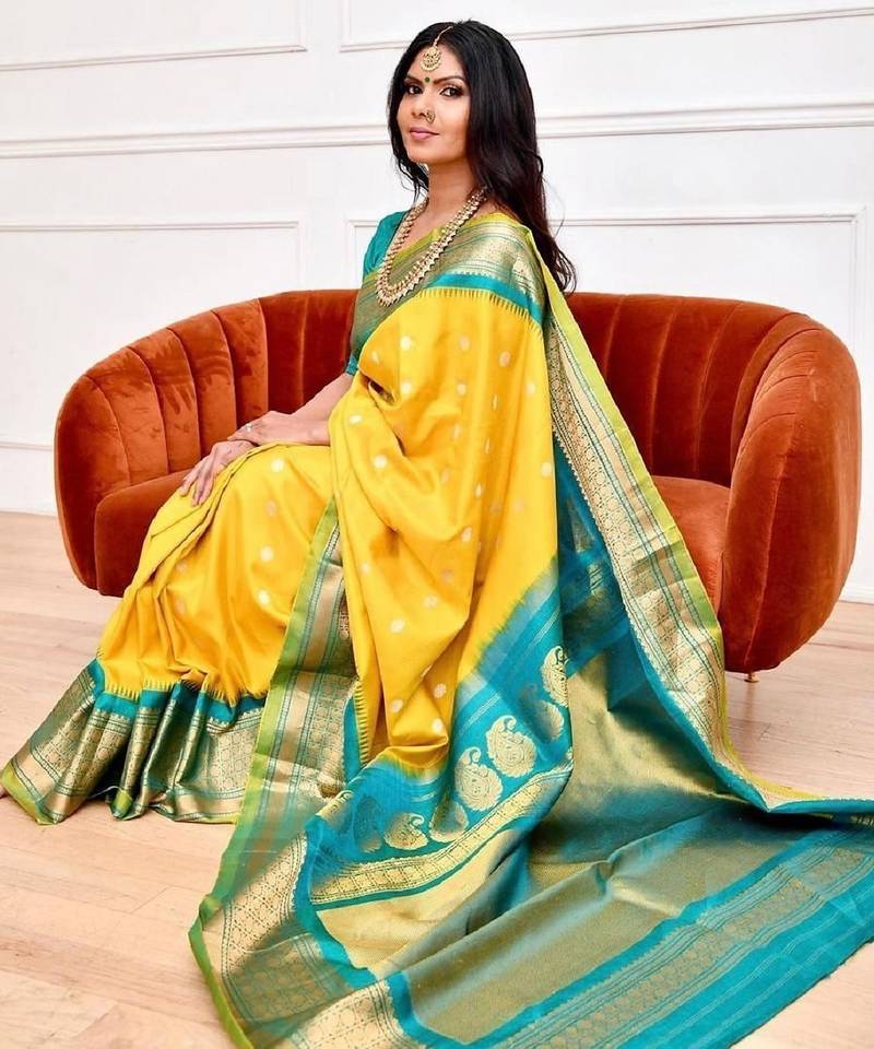 Yellow turquoise soft silk blend banarasi jacuard work designer party wear saree with unstitched blouse piece