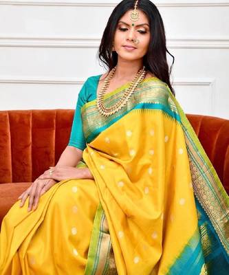 Yellow turquoise silk blend banarasi saree with unstitched blouse piece 2