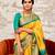 Yellow turquoise soft silk blend banarasi jacuard work designer party wear saree with unstitched blouse piece