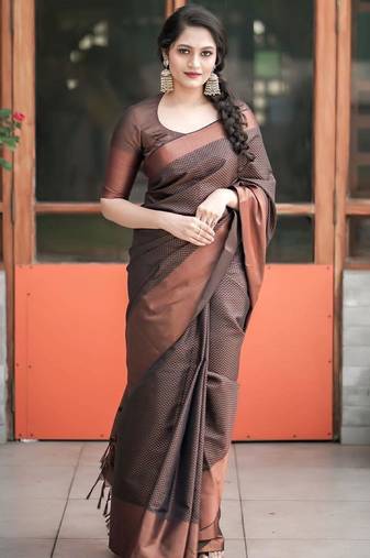 Brown soft silk blend banarasi jacuard work designer party wear saree with unstitched blouse piece