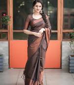 Brown soft silk blend banarasi jacuard work designer party wear saree with unstitched blouse piece