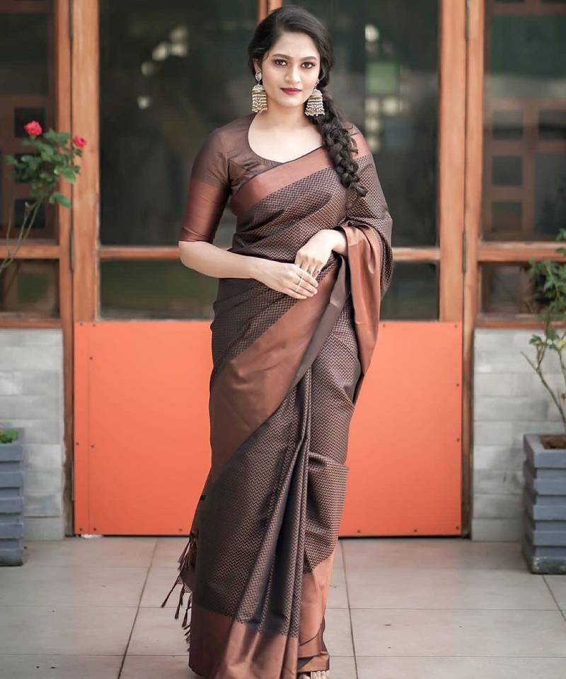 Brown soft silk blend banarasi jacuard work designer party wear saree with unstitched blouse piece