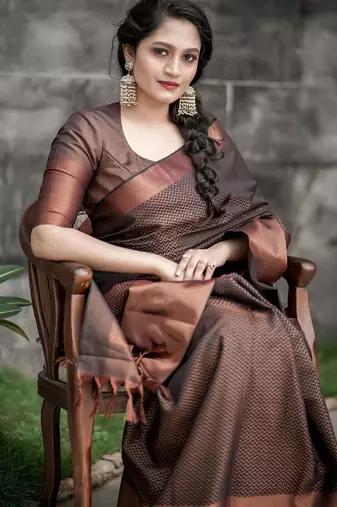 Brown silk blend banarasi saree with unstitched blouse piece