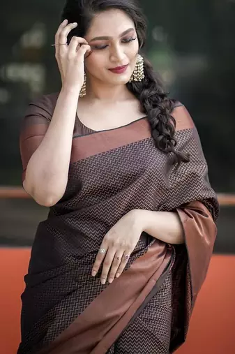 Brown silk blend banarasi saree with unstitched blouse piece