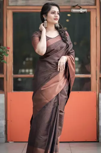 Brown silk blend banarasi saree with unstitched blouse piece