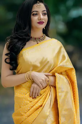 Yellow soft silk blend banarasi jacuard work designer party wear saree with unstitched blouse piece