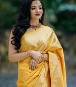 Yellow silk blend banarasi saree with unstitched blouse piece