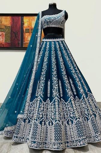 Teal Blue Party Wear Chinon Embroidered Lehenga