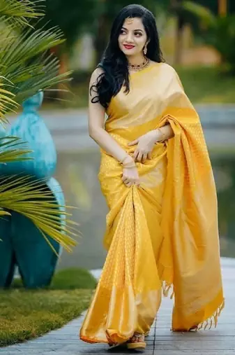 Yellow silk blend banarasi saree with unstitched blouse piece