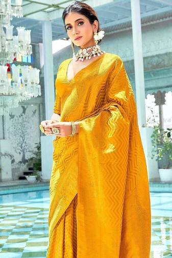Yellow soft silk blend banarasi jacuard work designer party wear saree with unstitched blouse piece