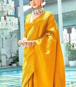 Yellow silk blend banarasi saree with unstitched blouse piece