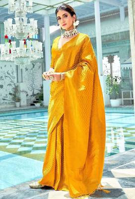 Yellow silk blend banarasi saree with unstitched blouse piece 2