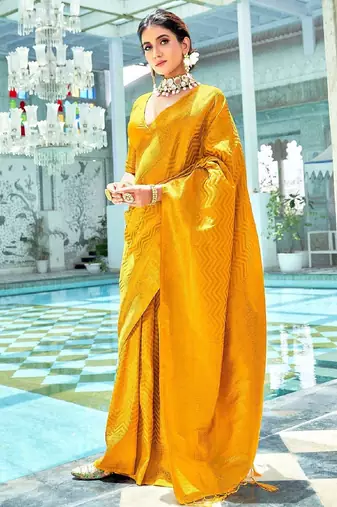 Yellow silk blend banarasi saree with unstitched blouse piece