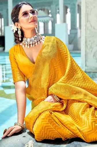 Yellow silk blend banarasi saree with unstitched blouse piece