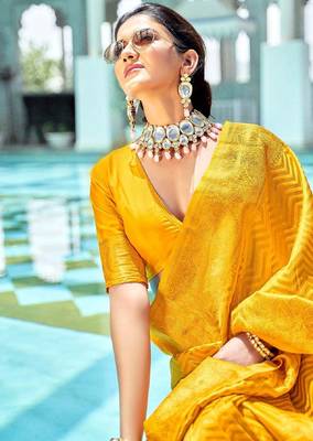 Yellow silk blend banarasi saree with unstitched blouse piece 4