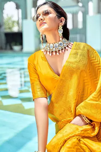 Yellow silk blend banarasi saree with unstitched blouse piece