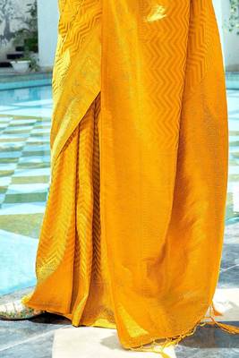 Yellow silk blend banarasi saree with unstitched blouse piece 5