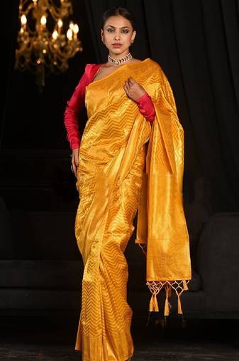 Yellow soft silk blend banarasi jacuard work designer party wear saree with unstitched blouse piece