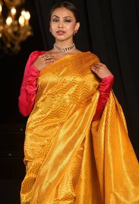 Yellow silk blend banarasi saree with unstitched blouse piece 2