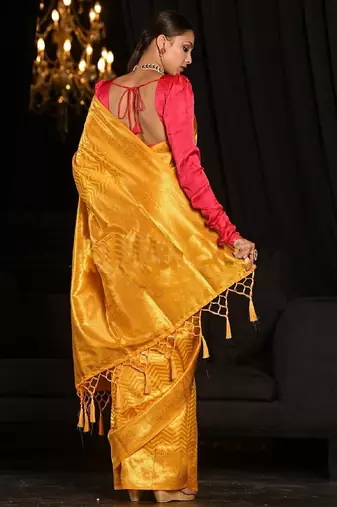 Yellow silk blend banarasi saree with unstitched blouse piece