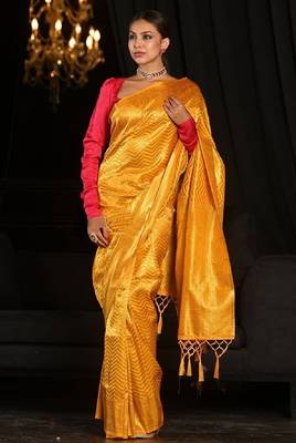 Yellow silk blend banarasi saree with unstitched blouse piece 4