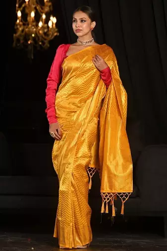 Yellow silk blend banarasi saree with unstitched blouse piece