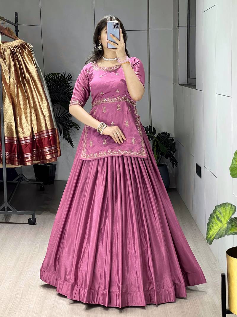 Onion Color Plain With Embroidery Top Chinon Lehenga Fully Stitched fancy Sets