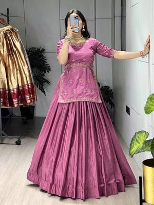 Onion Color Plain With Embroidery Top Chinon Lehenga Fully Stitched fancy Sets 2