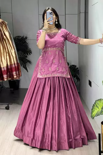 Onion Color Plain With Embroidery Top Chinon Lehenga Fully Stitched fancy Sets