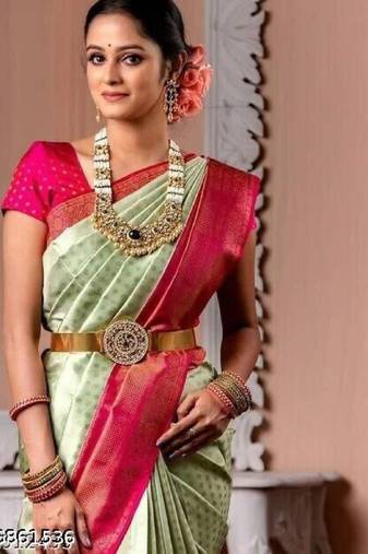 Light green pink soft silk blend banarasi jacuard work designer party wear saree with unstitched blouse piece