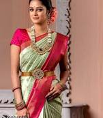 Light green pink silk blend banarasi saree with unstitched blouse piece